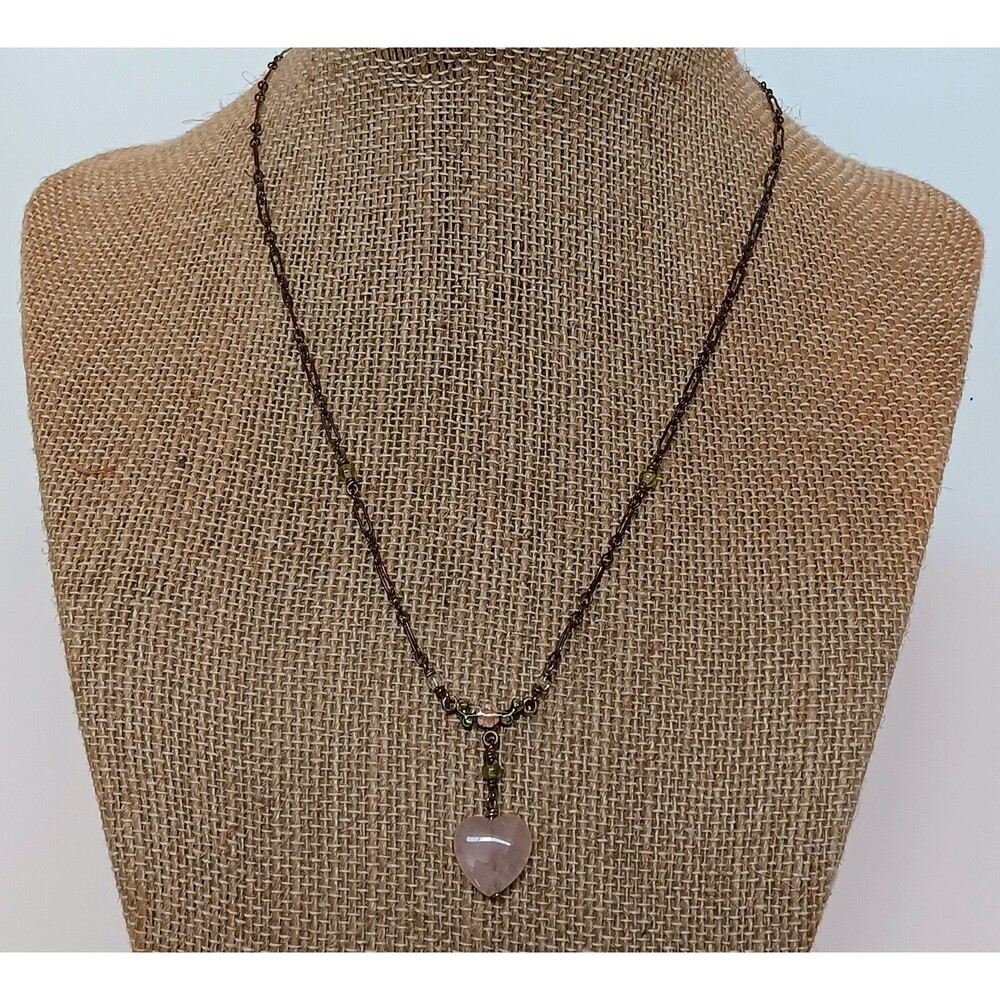 Vtg Artisan Dainty Enamel Flower Rose Quartz, Peridot Czech Glass Necklace 14"